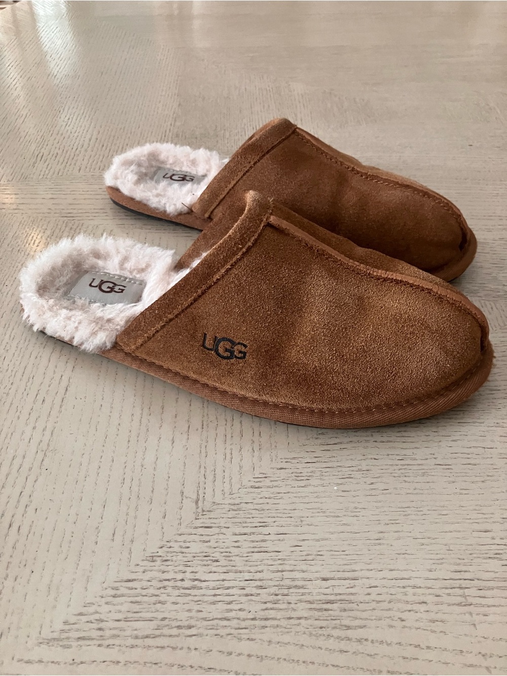 UGG Coquette Chestnut Brown Suede Shearling-Trim Slip-On Slippers